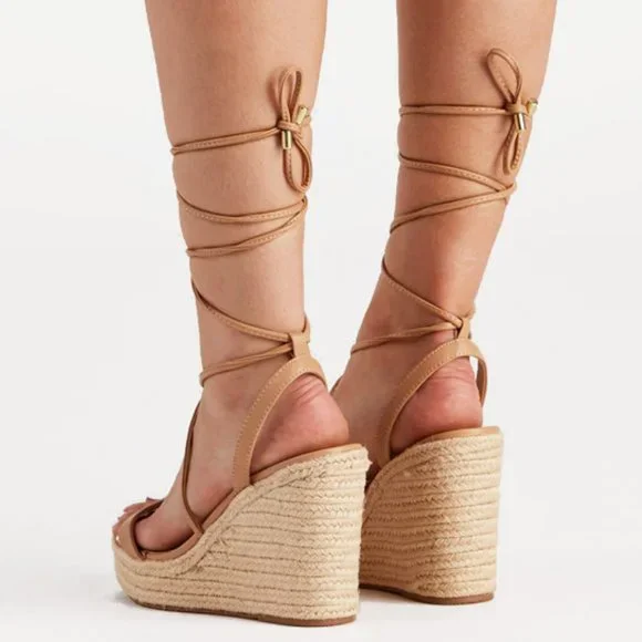 NEW Lace-Up Ankle Wrap Faux Leather Straps Espadrille Wedge Sandals Natural Nude - Picture 4 of 10